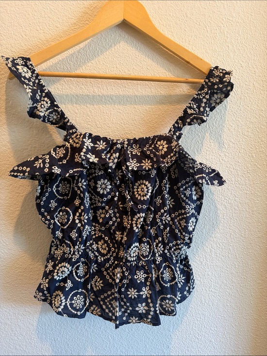 mine Tops - Navy Floral Embroidered Ruffle PeplumTank Top - Women